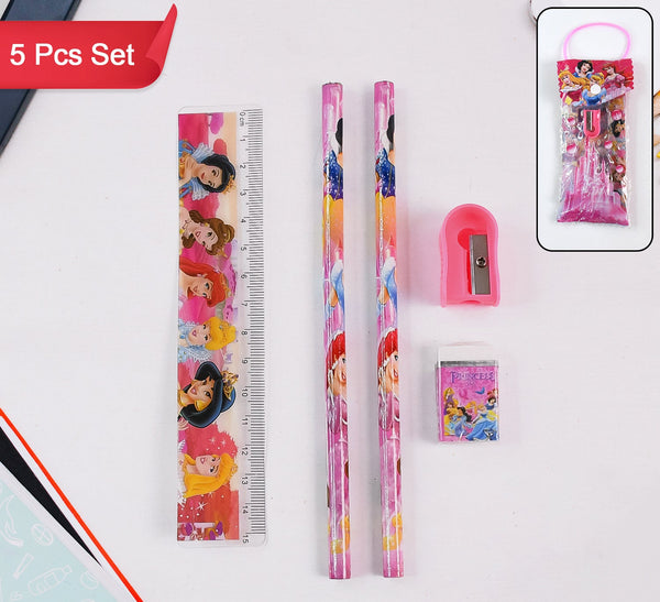 Mix Design Cartoon Wooden Pencil Set Stationary Set 5 In 1 Items Educational Item For School Going Kids Stationary Set For Girls Boysstationary For Schoolgift Pack For Girls Kidsbirthday Gift Kids (5 Pc Set )