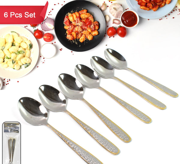 Stainless Steel Gold Bordered Textured Spoons Gold Plated Handle Set Of 6 Pc